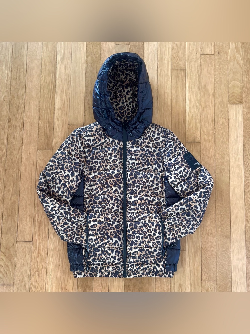 Kendall + Kylie Puffer Jacket Rare Womens Hood Packable Leopard Print Black XS